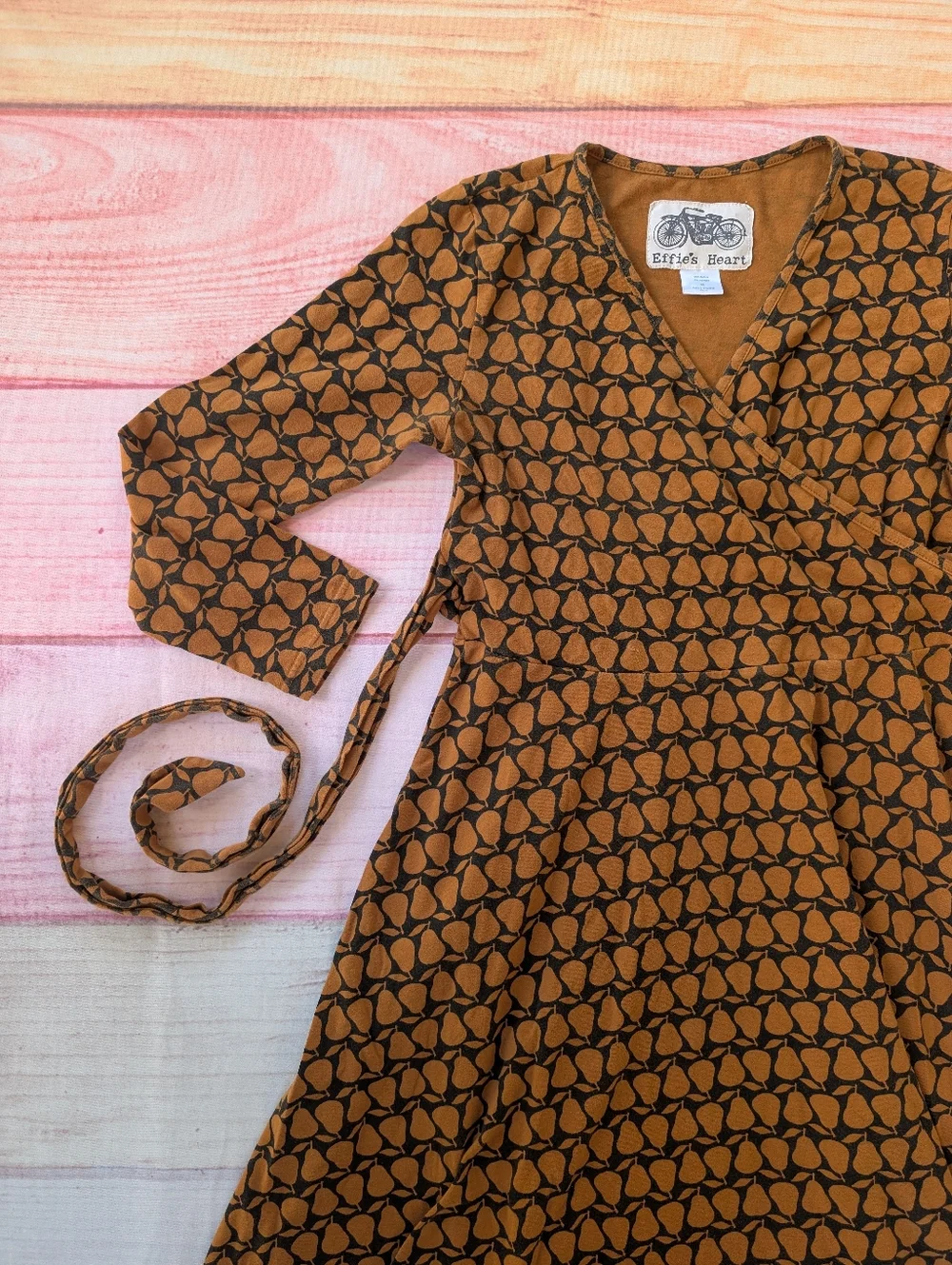 Effie’s Heart Pear Print Dress | Brown Jersey Knit Midi with Tie Waist XL - Picture 4 of 10